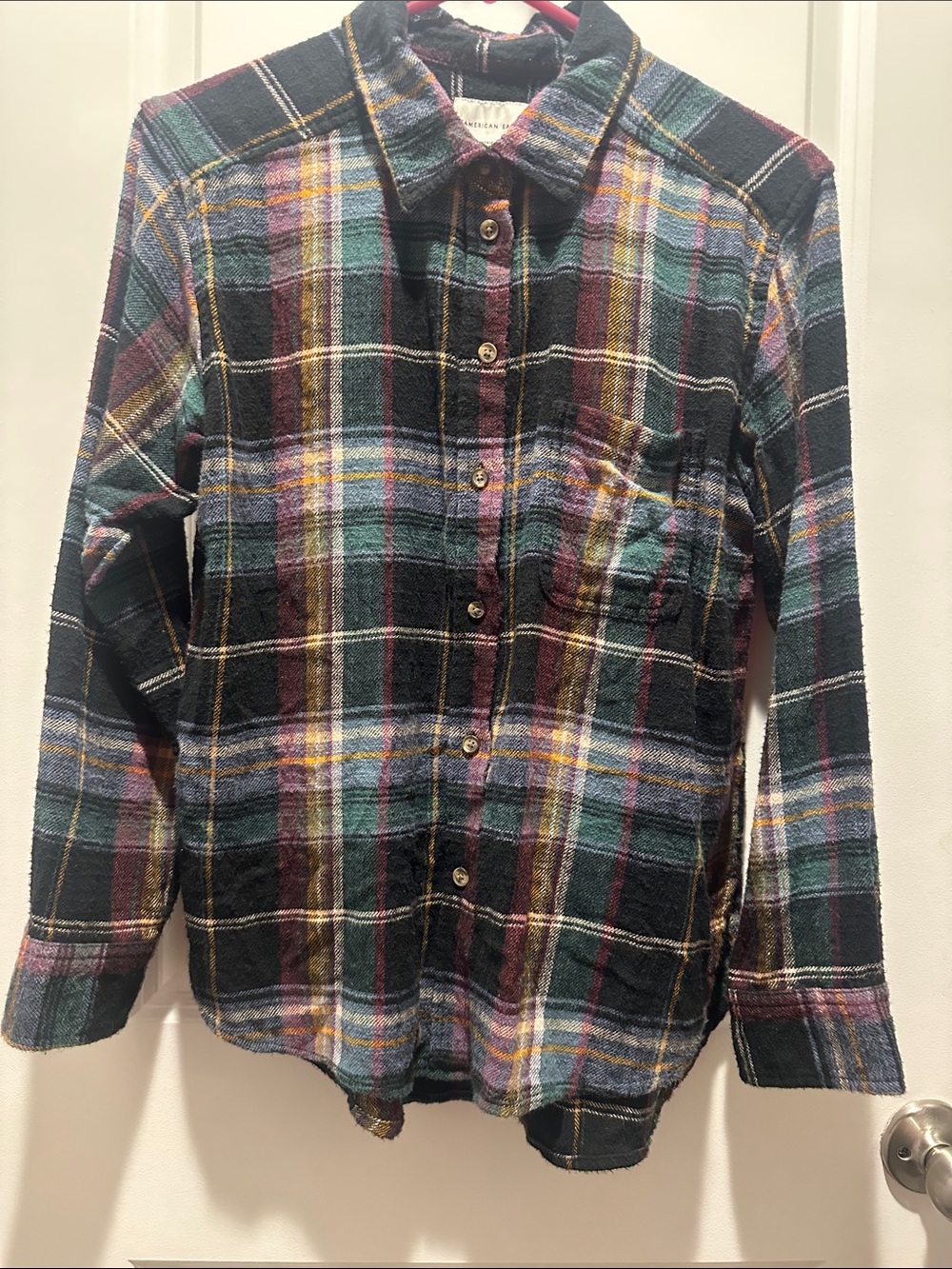 American Eagle Outfitters Green Multicolor Plaid Button-Down Shirt